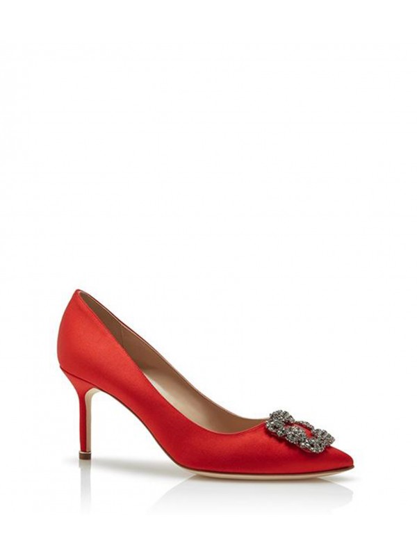 MANOLO HANGISI 70 Red Satin Jewel Buckled Pumps