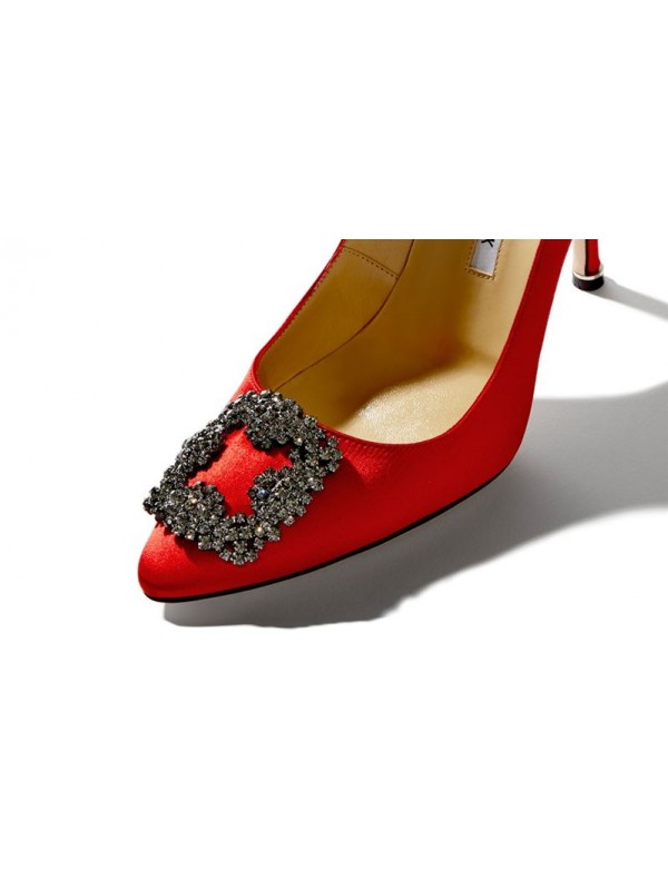 MANOLO HANGISI Red Satin Jewel Buckled Pumps